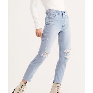 Free People Jeans Women's 27 Blue Blossom Rigid Button Fly Ripped Distressed